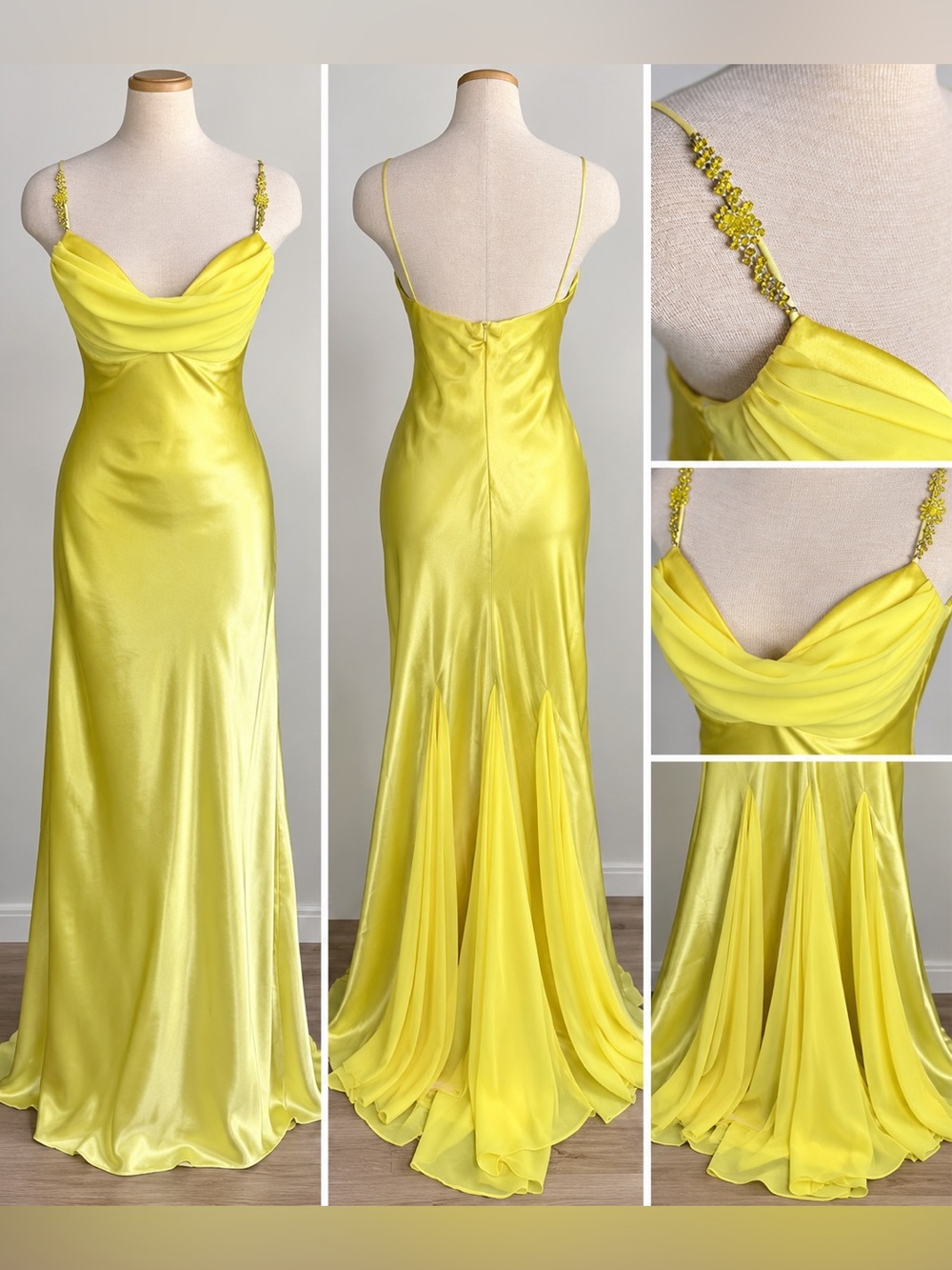 Y2K Yellow Satin Rhinestone Strap Formal Gown 💛✨
